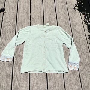 HWR: Light Green Cardigan with Lace Cuffs. Women’s Size Large.